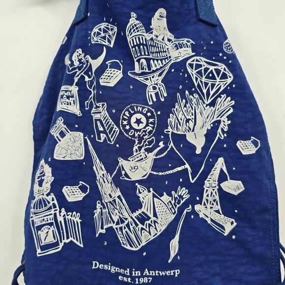Kipling Antwerp Cartoon Print Nylon Drawstring Backpack Tote Bag Blue White - Picture 3 of 9